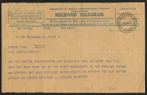 AUSTRALIA: Aerophilately & Flight Covers: 30 April 1940: The First Regular Trans-Tasman Flights: Original telegram sent from Brisbane with SYDNEY CHIEF TELEGRAPH OFFICE cds, sent by Fergus McMaster (co-founder of QANTAS) to Hudson Fysh (Chairman of Qantas