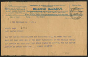 AUSTRALIA: Aerophilately & Flight Covers: 30 April 1940: The First Regular Trans-Tasman Flights: Original telegram sent from Brisbane with SYDNEY CHIEF TELEGRAPH OFFICE cds, sent by Fergus McMaster (co-founder of QANTAS) to Hudson Fysh (Chairman of Qantas