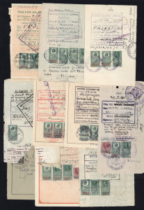 PALESTINE: REVENUES: Mostly British KGV 'Consular Service' revenues used on successful late 1930s/early 1940s Visa applications for ENTRY TO PALESTINE, granted at various European consular offices including Kovno (Kaunas, Lithuania), Lisbon, Madrid Prague, Vienna, plus Constantinople, revenue values to 7/6d (2), 8/- & 10/- (5); also a few visa pages with Egyptian, French or Italian revenues. (50 stamps on 16 forms)