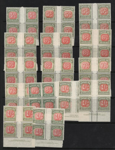 AUSTRALIA: Postage Dues: 1946-57 (SG.D119-D128) Re-drawn Design collection of all different imprint blocks, comprising ½d, 1d (4), 2d (4), 3d (4), 4d (2), 5d (3), 6d (4), 7d (2), 8d, 1/- (4), few showing misplacements of vignette to varying degrees, few o