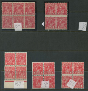 AUSTRALIA: KGV Heads - Single Watermark: 1d Red Smooth Paper multiples comprising blocks of 4 (6) and a single block of 6; BW listed flaws include [V/30], [VII/54&60] & [VIII/54&60] within blocks of 4 and [V/1 & V/7] within the block of 6, one block has v