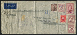 AUSTRALIA: Postal History: c.1940-41 Anglo-Iranian Oil Co double clipper-rate (5/10d per ½oz x2) cover to England endorsed 'VIA AUSTRALIA/ NEW ZEALAND/ UNITED KINGDOM' with 5/- Robes, 2/- Roo (3), 6d Kooka & KGVI 2d tied by lightly struck diamond cancels in violet, Melbourne 'OPENED BY CENSOR' label and 'PASSED BY/CENSOR/V33' cachet in violet, vertical fold clear of adhesives.