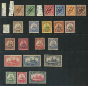 GERMAN COLONIES: GERMAN NEW GUINEA: 1897-1919 mint selection with 1897 Overprints 3pf to 50pf set, Yachts 1901 No Watermark 3c and 20c to 3m plus 10pf & 20pf used and 1914-19 Wmk Lozenges 5c, 10c & 5m (SG.23c); generally fine, Cat &pound;220+