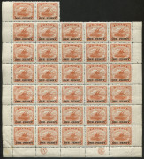 PAPUA: 1917 (SG.110) ONE PENNY on 6d orange-brown, part sheet (32) with CA and JBC Monograms, cpl. light tone spots on gum. Cat.&pound;350++.