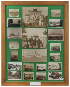 1908 AMERICAN NAVAL VISIT TO SYDNEY: A display comprising various albumen prints, photographs, postcards and private snapshots (21 items) mounted, framed and glazed, with title "Original Photos of the American Naval Great White Fleet entering Sydney Harbo