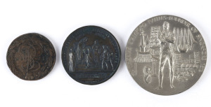 Medallions & Badges: 1838 Lombardy-Venetia King Ferdinand I bronze medallion, commemorating his Coronation in Milan, designed by Manfredini, 52mm diameter, rim dents & surface nicks; also 1770 Catherine II 5 kopecks coin, fair/good condition; plus Singapore modern Stamford Raffles pewter medallion. (3 items)