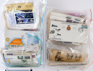 WORLD - Thematics: THEMATICS ON FDCs: mostly modern array in two medium-sized plastic boxes, various topics including Art & Handicrafts, Animals, Birds, Ships, Trains, etc; South Africa & Homelands and SWA well represented, also Australia, GB, Rhodesia, Lesotho, etc; few stamp packs also sighted. (100s)
