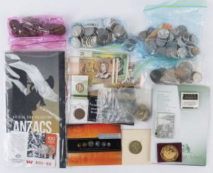 Coins - Australia: 1920s-2000s array with circulated pre-decimal 1937 Crown (2), Florins (6) including 1927 Canberra, decimal with 50c Round, large quantity of circulated decimal coinage incl. commemorative 50c; uncirculated decimals including 1990 Anzac 75th Anniv. $5, 1999 Last Anzacs Canberra $1 (2) 2012 Macquarie Mint silver (Kiribati) $10 proofs (2), 2012 uncirculated coin set, 2018 100 Years of Anzac 20c; also circulated $1 (2) & $2 banknotes, plus 55½c fantasy note and a small group of m