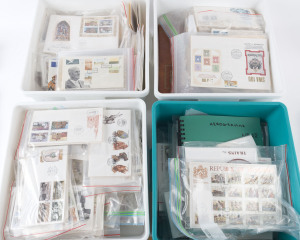 SOUTH-WEST AFRICA: SOUTH-WEST AFRICA & NAMIBIA - FDCs: large accumulation in four plastic boxes of mostly 1980s-90s era unaddressed FDCs, plus some Postcards; also some SOUTH AFRICA & HOMELANDS including aerogrammes and registration envelopes; lots of duplication, generally very fine clean condition. (many 100s)