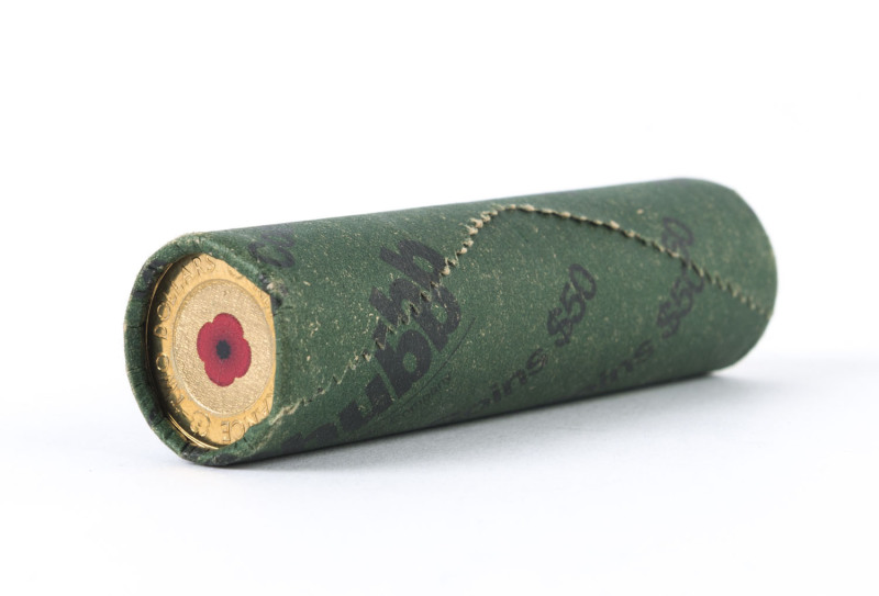 Coins - Australia: Two Dollars: 2012 RAM $2 Red Poppy complete roll of 25 coins wrapped in 'Chubb' dark paper, Unc, Retail $4,500+.