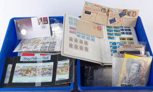 WORLD - General & Miscellaneous Lots: ACCUMULATION in two plastic crates with world collection in "Swiftsure" album, Western Australia few official perfins, Australia with KGVI postal stationery used, mint 1960s-70s decimals in multiples, 1960s-80s stamp packs incl. 1971 7c Xmas block of 7, booklets with Famous Australians $1 & $1.20, $1 Prime Ministers, $1.40 Prime Ministers (2), 2003 QEII Golden Jubilee PNC (small tear), loose stamps with heavily KGVI/QEII pre-decimals; also GB & Channel Is &