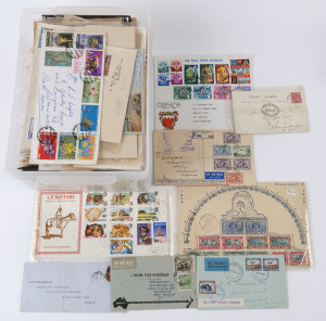 WORLD - General & Miscellaneous Lots: WORLD COVERS: 1850s-1980s era mix of philatelic and commercial covers with Bahrain 1966 set to 1d on FDC, Lesotho 1980s Surcharges definitive set on FDC, Scotland 1902 Loch Lomond postcard to South Africa with 'PRESS CENSOR/JOHANNESBURG' handstamp, South Africa 1938 Vootrekker pairs commemorative cover, SWA 1931 First Flight cover; also Australia pre-decimal FDCs and a couple 1930s flight covers, COGH & British postal stationery, GB 1850s 1d Red covers