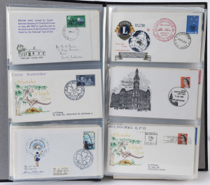 AUSTRALIA: First Day & Commemorative Covers: SOUVENIR COVERS: 1967 (Jan.) to 1971 (Sep.) selection including 1970 (Jul.1) Cook on Inaugural Flight cover for Melbourne Airport, 5c Cook Bicentenary Celebration covers for all 20 locations, Royal Visit set of 20 covers, Veterans Car Club set of 6, 1971 Famous Australia 6c tabbed issues on Stockyard Creek PO covers (4); other themes/commemorations include Flight Anniversaries, Transport, Post Office Opening/Closings, philatelic exhibitions, etc; most