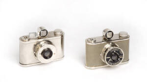 TAHBES (Netherlands): Tahbes Synchro Camera, c1947-48: a bare metal camera made of shiny nickel which uses 120 rollfilm. A telescoping lens tube with one shutter speed and two aperture settings; distinctive Albada viewfinder sits on top. In maker's leathe