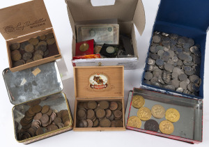 Coins - World: World Accumulation mostly circulated with much AUSTRALIA incl. box of 5c to 50c coins with lots of 50c commemorative types and quantity of pennies in cigar boxes; box of world coins including a little Australia pre-decimal silver, Sydney 2000 $5 Wrestling (Unc); Australian medallions incl. 1970 Captain Cook State Savings (5) and early 1960s Wrestling Medallions (6), etc. Lots to view.
