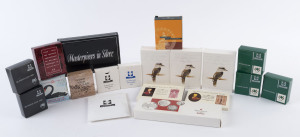 Coins - Australia: Silver: MOSTLY SILVER PROOFS SELECTION: with Masterpieces in Silver 1988 'Bicentennial: 50c to $5' & 1989 'Five Fifty Cent Coins'; State Series 1985, 1986, 1989 & 1990 $10 Proofs plus 1986 $10 uncirculated, 1988 Bicentenary $10 Proof (3), 1989 $10 Kookaburra proof (3); 1988 Bicentenary $2 Proofs (2); 1996 Thirtieth Anniversary of Decimal Currency & 2000 'Cartwheel' $1 proofs; Perth Mint 1988 & 1989 Holey Dollar & Dump sets; all in original packaging, Renniks - Cat. $750. (19 i