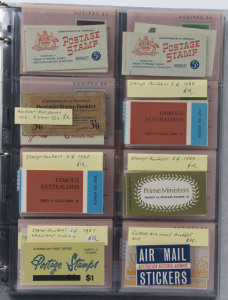 AUSTRALIA: Booklets: Collection in ringbinder with pre-decimal 1952 3/6d (incomplete) & 1960 5/- (4); decimal 1968 Famous Australians $1 (3), 1967 $1 Surcharge, 1969 Prime Ministers $1, later issues including 'AUSIPEX 84' booklets (16), 1989 Stampshow (2) etc; generally fine. (65)