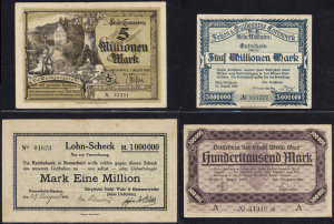 BANKNOTES - World: 1920s-1960s banknote collection predominantly circulated German notgeld and inflation era notes to 1 Billion Marks, other from United Kingdom with QEII 10/- (3), Indonesia, Japan, Mozambique, New Zealand & Vietnam, etc; some duplication, condition variable. Lots to check. (200+)