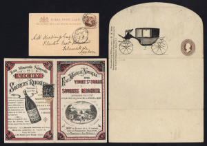 WORLD - General & Miscellaneous Lots: ADVERTISING COVERS & STATIONERY: Attractive range in album, including US 2c Wrapper for W.H.Flatt, Manufacturer of Carriages; F. Waldbauer, Stuttgart (cases & luggage) envelope; Vichy Mineral Water advertising card; private lettercard for Kugler-Helwerth Pianos; Neuman Laszlo ladies wear; Josef Preik milk bottle sealing machines; Mayor motoring equipment, etc. (21 items).