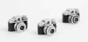 TOUGODO OPTICAL (Japan): Hit, c1950s, tiny novelty cameras (3) for 14x14mm exposures on 16mm paper-backed rollfilm (2 with film); all with maker's leather ERCs.