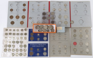 Coins - Australia: Pre-Decimal: Accumulation in Dansco coin albums, presentation cases and loose with 1937 Crowns (2), florins (26), plus lots of shillings, sixpences & threepences; also decimal 50c Rounds (7), plus pennies and halfpennies in the coins album; condition generally fair to G/VG.