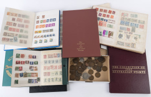 AUSTRALIA: Decimal Issues: POSTAGE - YEARBOOKS: 1984,1987 & 1990 Yearbooks, plus 2001 Carlton FC framed sheetlet; also a very basic array of Australian and world stamps in stockbooks and in packets, plus circulated coins, mostly pre-decimal Australian pennies, and a few tokens/medallions including Victoria 1911 KGV Coronation medallion (cleaned); face value of MUH $111.