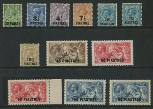 British Levant: 1921 (between SG.41-50) Surcharges selection including Seahorses 2/6d, 5/- (2) & 10/- (2), fine MLH, Cat. £160+. (12)