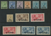 British Levant: 1921 (between SG.41-50) Surcharges selection including Seahorses 2/6d, 5/- (2) & 10/- (2), fine MLH, Cat. &pound;160+. (12)