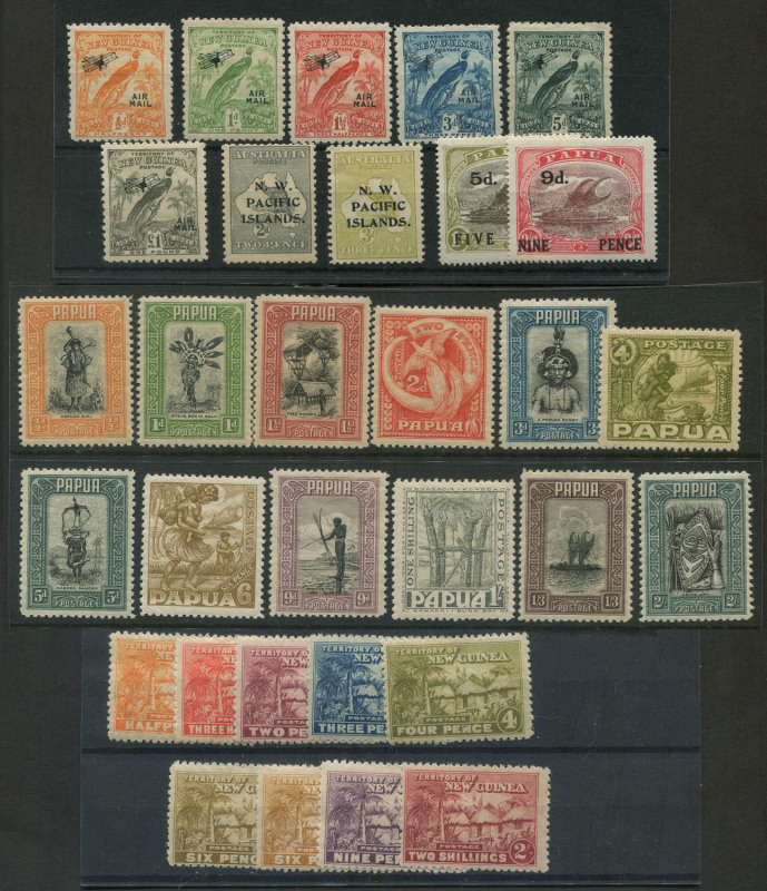 PAPUA: 1915-30s mint selection with PAPUA 1932 Pictorials ½d to 2/-, 1931 Surcharges 5d on 1/- & 9d on 2/6d; NEW GUINEA 1925 ½d to 2/- Huts (ex 1d & 1/-) including 6d (2, shades), Dated Birds Airs odds incl. £1 (SG.176, Cat. £150); also NWPI 1915-16 2d &