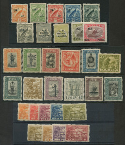 PAPUA: 1915-30s mint selection with PAPUA 1932 Pictorials ½d to 2/-, 1931 Surcharges 5d on 1/- & 9d on 2/6d; NEW GUINEA 1925 ½d to 2/- Huts (ex 1d & 1/-) including 6d (2, shades), Dated Birds Airs odds incl. £1 (SG.176, Cat. £150); also NWPI 1915-16 2d & 