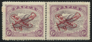 PAPUA: 1930 (SG.116a) Airplane Overprint 6d pair, left side unit variety "'POSTACE' at left'", non-variety unit MUH, Cat £80+.