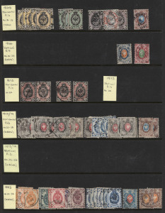 RUSSIA: 1860s-1928 mint & used stock on Hagners housed in ringbinder, stamps identified by Michel reference, with good range of 1860s-80s Shield types, 1904 War Orphans optd 'P' set mint, 1920s imperfs including Surcharges, 1924 Air Surcharges imperf unused and used; 1925 Lenin Death Anniv. imperf set mint, 1928 Revolution Anniv 14k & 28k mint ; lots of duplication including imperforate and surcharged issues, condition variable but mostly fine. Inspection by specialists will be rewarded. (100s)