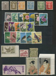 JAPAN: 1875-1960s Selection with 1875 5s green Imperial Crest used, 1914-25 Granite Paper 50s dark brown unused (no gum) plus a few low values used, 1949 Postal Week 8y Birds unused (no gum), 1950 144y Pheasant Air Mail (MUH), 1957 14y Castle, 1955 10y Philatelic Week MUH (gum tone) 1956 10y Stamp Week MLH, 1961 Flowers set of 12 unused (no gum), 1963-64 Birds MUH, Scott Cat. $400 (approx). (30)