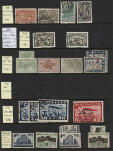 RUSSIA: 1929-1945 mint & used stock on Hagners housed in ringbinder, with better items including 1930 Cavalry set mint plus 14k duplicates (2), Zeppelin 40k (3) and 80k used, Power Station 3r mint & used (2), 1931 Zeppelin/North Pole imperf 30k, 35k & 1r (3) used, 1932 'Express" 5k & 10k mint, 1932 'Chadra' mint, 1934 Civil Aviation mint/unused set, 1934 Airship Propaganda 5k to 20k used, 1937 Pushkin M/S mint, 1939 New Moscow used, 1939 Aviation Day mint plus 1r used, 1940 Occup. Eastern Poland