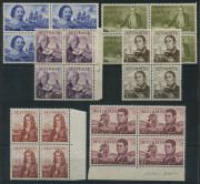 AUSTRALIA: Other Pre-Decimals: 1963-65 (SG.355-360) Cream Paper Navigators 4/- to &pound;2 set in blocks of 4, one &pound;2 unit with few perf blemishes, otherwise fine; fresh MUH, Cat. $890+.
