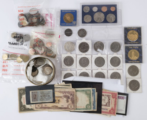 Coins - World: ASSORTMENT: with USA 1831 silver 50c, 1837 Hard Times token, 1921 Morgan dollar, 1972-78 Liberty Dollars (11), Great Britain Stirling Castle gold plated medallions (2), 1981 Royal Wedding Crowns (2), Western Samoa 1c to $1 uncirculated coin set, and a quantity of circulated world coinage; also circulated banknotes, mostly Japanese/Korean; variable condition.