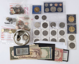 Coins - World: ASSORTMENT: with USA 1831 silver 50c, 1837 Hard Times token, 1921 Morgan dollar, 1972-78 Liberty Dollars (11), Great Britain Stirling Castle gold plated medallions (2), 1981 Royal Wedding Crowns (2), Western Samoa 1c to $1 uncirculated coi