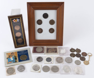Coins - World: 'Royalty' themed small collection of coins and medallions mostly British with Queen Mother 95th & 100th Birthday silver medallions, each 31.6gr of sterling silver aUNC, 1935 KGV Silver Jubilee medallion, 1977 Silver Jubilee medallions (4), 1981 Royal Wedding medallions (3), Franklin Mint silver proof medallion commemorating VE-Day and two framed displays of GB pennies; also AUSTRALIA 'Rising Sun' military cap badge plus a few other items. (25)