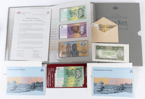 Banknotes - Australia: Decimal Banknotes: ASSORTMENT: with RAM/Reserve Bank 1988 Bicentennial Coin & Note Collection (Retail $150+),1988 Bicentenary $10 'AA' prefix polymer notes (2) with consecutive serial numbers in original folders; Johnston/Fraser $2 prefix 'LKN' consecutive run of 10 notes a/UNC, $1 Knight/Stone (3) & Johnston/Stone notes all circulated; also pre-decimal Coombs Wilson circulated £1 with 'HK/34' prefix. (18 items)