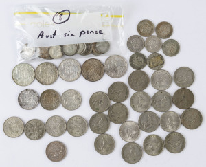 Coins - Australia: Silver: Mostly pre-decimal circulated array with Florins (26) including 1927 Canberra, 1951 Federation (4) & 1954 Royal Visit (18); Shillings (7); Sixpences (35); also decimal 50c Rounds (5); condition variable. (66)