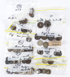 Coins - World: ASSORTMENT: mostly pre-decimal with GB including cleaned 1851 & 1853 pennies, 1895 shilling, 1914 Florin; others noted from British East Africa, France, New Guinea & USA; also AUSTRALIA decimal1984 $1 coin roll & commemorative 50c coins, total weight 1kg. (150 approx)