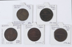 Trade Tokens: Small selection with 1855 Edward De Carle (Auctioneers) 1d (R114); 1857 I. Friedmann (Auctioneers, Hobart) 1d (R141), R.Parker (Ironmonger, Geelong) 1d (R412, undated), 1858 Peace & Plenty 1d (R415) with "Die crack between 'E' & 'A' of 'PEAC