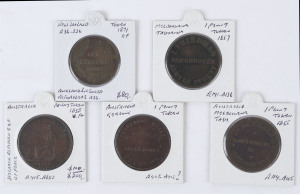 Trade Tokens: Small selection with 1855 Edward De Carle (Auctioneers) 1d (R114); 1857 I. Friedmann (Auctioneers, Hobart) 1d (R141), R.Parker (Ironmonger, Geelong) 1d (R412, undated), 1858 Peace & Plenty 1d (R415) with "Die crack between 'E' & 'A' of 'PEACE'"; also NEW ZEALAND 1871 Auckland Licensed Victuallers Association ½d (R36); generally G to F. (5)