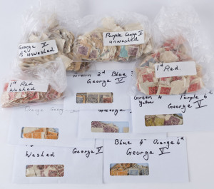 AUSTRALIA: KGV Heads - Collections & Accumulations: KGV Heads: Accumulation in large shoebox with 1d reds separated into bags of on-paper or off-paper, 1d violets & 1½d browns on-paper, other values to 4½d sorted by denomination into envelopes with about a 50/50 split of on/off paper. Potential for varieties, shades and postmarks (Victoria & Western Australia appear to predominate); also some multiples and official & private perfins. (many 100s)