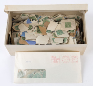 AUSTRALIA: KGV Heads - Collections & Accumulations: KGV 'GREENS': on-paper accumulation in small shoebox (some off-paper in envelope). Predominantly 1½ds plus some ½d & 1d values. Potential for varieties, shades and postmarks (Victoria & Western Australia appear to predominate); also multiples and a few 'OS' and private perfins. (many 100s).