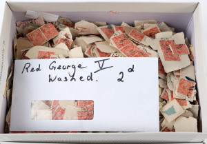 AUSTRALIA: KGV Heads - Collections & Accumulations: KGV 2d REDS: on-paper accumulation in large shoebox (some off-paper in envelope). Potential for varieties, shades and postmarks (Victoria & Western Australia appear to predominate); also the odd multiple and a few private perfins. (many 100s).