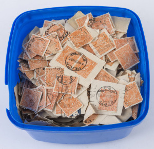 AUSTRALIA: KGV Heads - Collections & Accumulations: KGV 2d ORANGE: large on and off-paper accumulation in 2 litre ice-cream tub. Potential for varieties, shades and postmarks (Victoria & Western Australia appear to predominate); also a smattering of 'OS' and private perfins. (many 100s).
