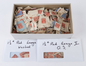 AUSTRALIA: KGV Heads - Collections & Accumulations: KGV 1½d REDS: on-paper accumulation in shoebox (few off-paper in envelope). Potential for varieties, shades and postmarks (Victoria & Western Australia appear to predominate); also multiples and a few 'OS' and private perfins. (many 100s).