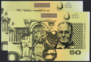 Banknotes - Australia: Decimal Banknotes: 1994 Note Printing Branch $50 Fraser/Evans two uncut pairs with consecutive black serial numbers E001346/F001346 & E001347/F001347, in original presentation folders, numbered in red '1346' and '1347' respectively, Retail $500+.