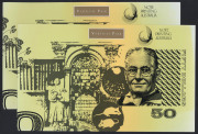 Banknotes - Australia: Decimal Banknotes: 1994 Note Printing Branch $50 Fraser/Evans two uncut pairs with consecutive black serial numbers E001346/F001346 & E001347/F001347, in original presentation folders, numbered in red '1346' and '1347' respectively,